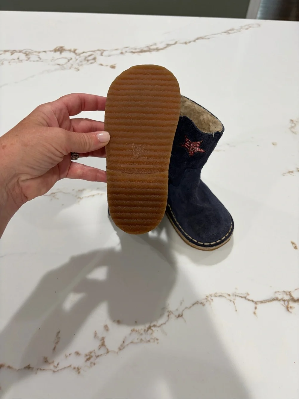 Mini Boden Navy Suede Kids Boots with Glitter Star Accents, US 8